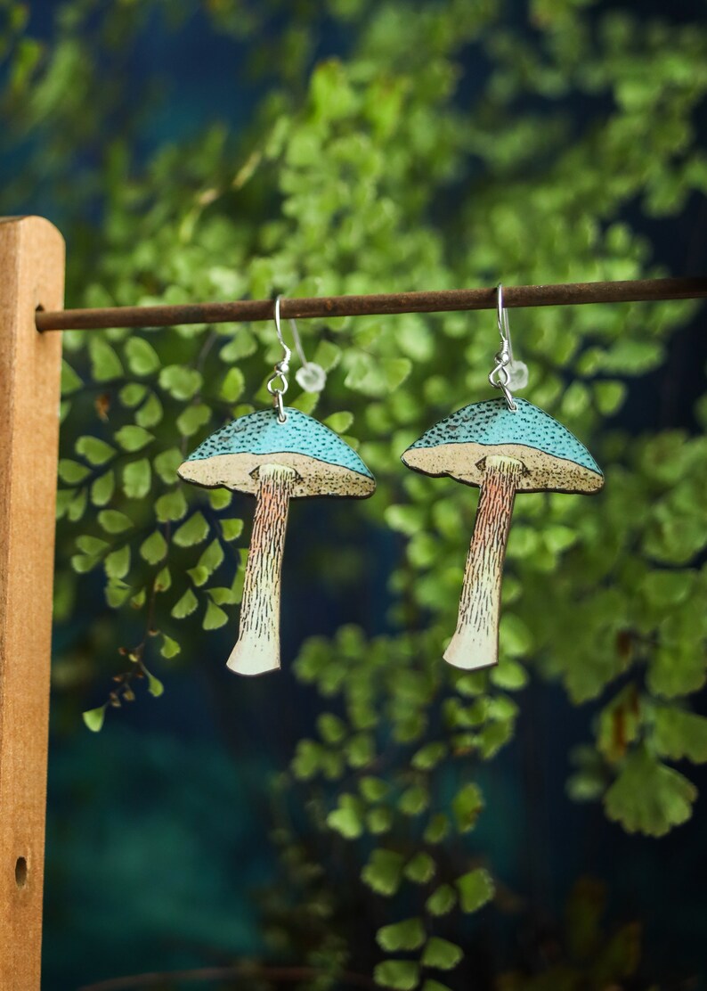 Mushroom Earrings | Retro Cottagecore Fairycore Jewelry | Woodland Wooden Laser Cut | Sterling Silver Ear Wires | Kawaii Cute Forest Fungi