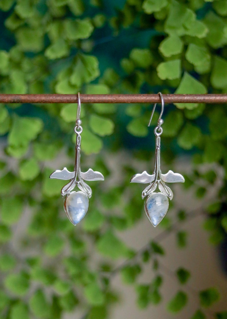 Floral Droplet Gemstone Earrings | Fairycore Boho Dangles | Sterling Silver Rainbow Moonstone Chalcedony | Whimsical Statement Jewelry