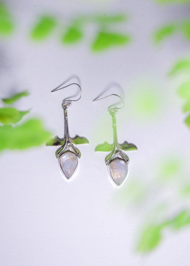 Floral Droplet Gemstone Earrings | Fairycore Boho Dangles | Sterling Silver Rainbow Moonstone Chalcedony | Whimsical Statement Jewelry