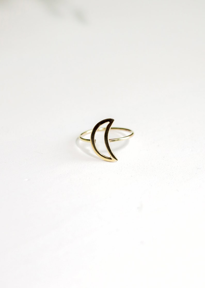 Crescent Moon Ring | Lunar Celestial Astrology Jewelry | Gold Tone Brass Minimalist Silhouette Outline | Boho Witchy Fairycore Goddess