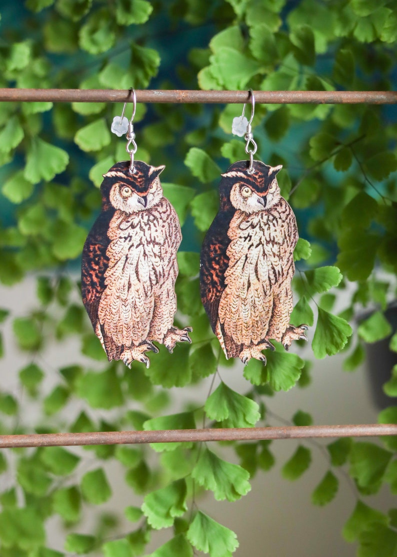 Owl Earrings | Whimsical Woodland Creature Dangles | Laser Cut Wooden Jewelry | Goblincore Fairycore Witchy Fantasy Spirit Animal