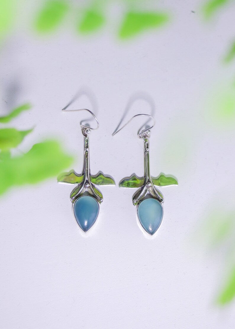 Floral Droplet Gemstone Earrings | Fairycore Boho Dangles | Sterling Silver Rainbow Moonstone Chalcedony | Whimsical Statement Jewelry