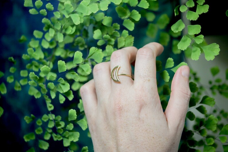 Crescent Moon Ring | Lunar Celestial Astrology Jewelry | Gold Tone Brass Minimalist Silhouette Outline | Boho Witchy Fairycore Goddess