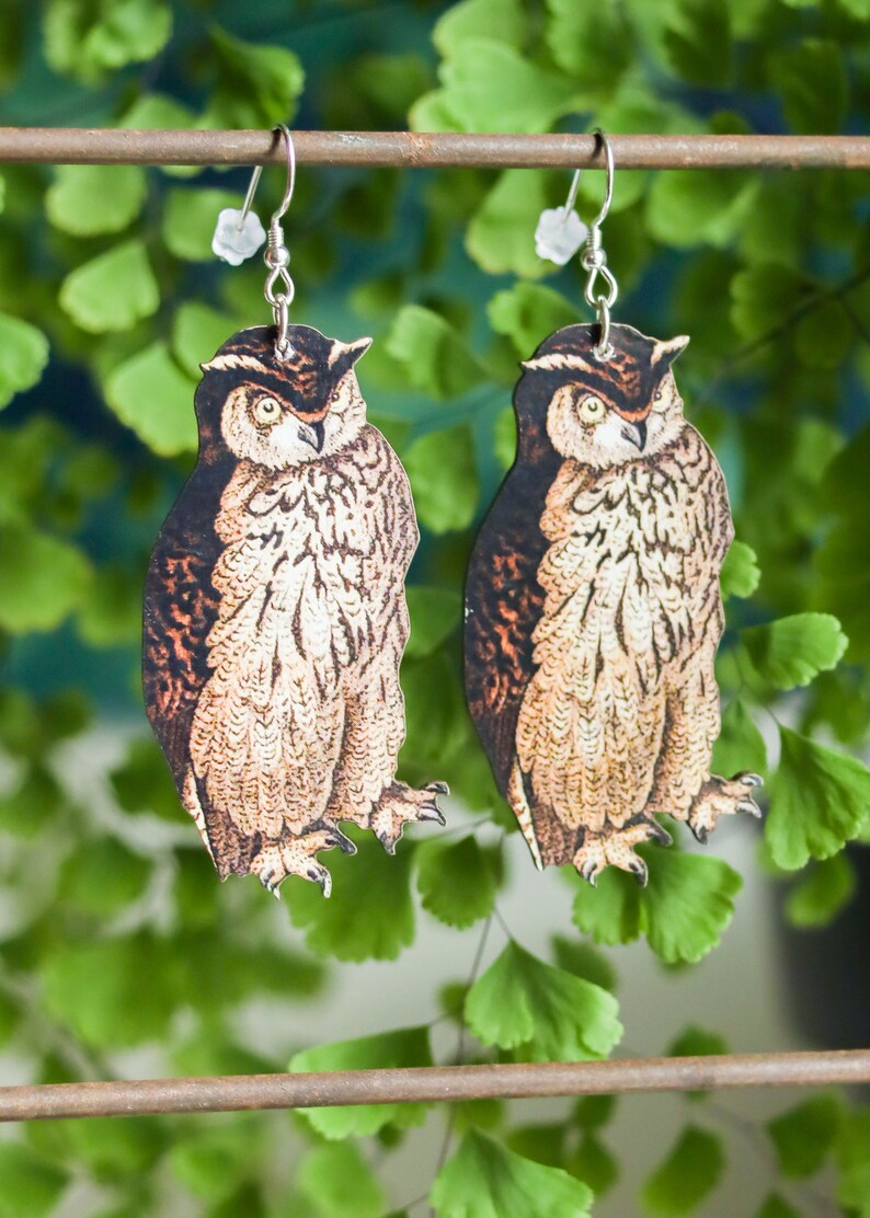 Owl Earrings | Whimsical Woodland Creature Dangles | Laser Cut Wooden Jewelry | Goblincore Fairycore Witchy Fantasy Spirit Animal