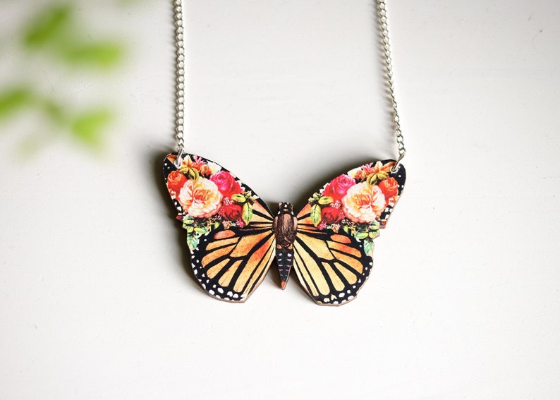 Butterfly Necklace | Laser Wood Cut Pendant | Cottagecore Fairycore Goblincore Boho Flower Insect Jewelry | Moth Monarch Floral Bug Wing