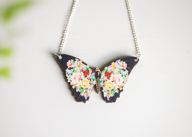 Butterfly Necklace | Laser Wood Cut Pendant | Cottagecore Fairycore Goblincore Boho Flower Insect Jewelry | Moth Monarch Floral Bug Wing