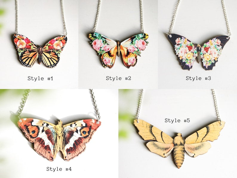 Butterfly Necklace | Laser Wood Cut Pendant | Cottagecore Fairycore Goblincore Boho Flower Insect Jewelry | Moth Monarch Floral Bug Wing