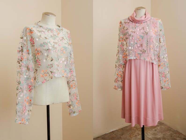Floral Mesh Top | Embroidered Long Sleeve Pullover | Sheer Cropped Blouse | Fairycore Cottagecore Kawaii Festivalwear | Sexy Spring Summer