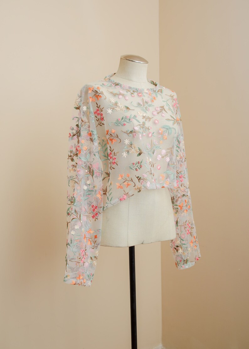 Floral Mesh Top | Embroidered Long Sleeve Pullover | Sheer Cropped Blouse | Fairycore Cottagecore Kawaii Festivalwear | Sexy Spring Summer
