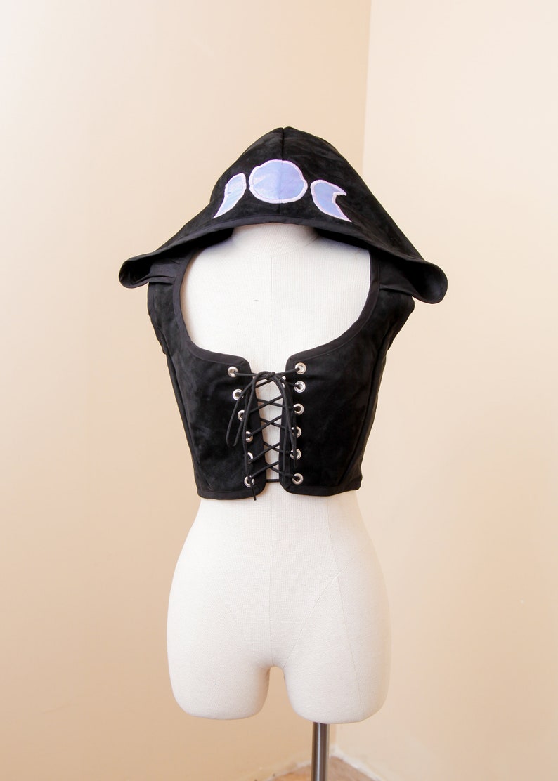 Black Suede Corset | Iridescent Moon Phase Patchwork Vest | Renaissance LARP Bodice | Sleeveless Pirate Gothic Pixie Witch Festival Crop Top