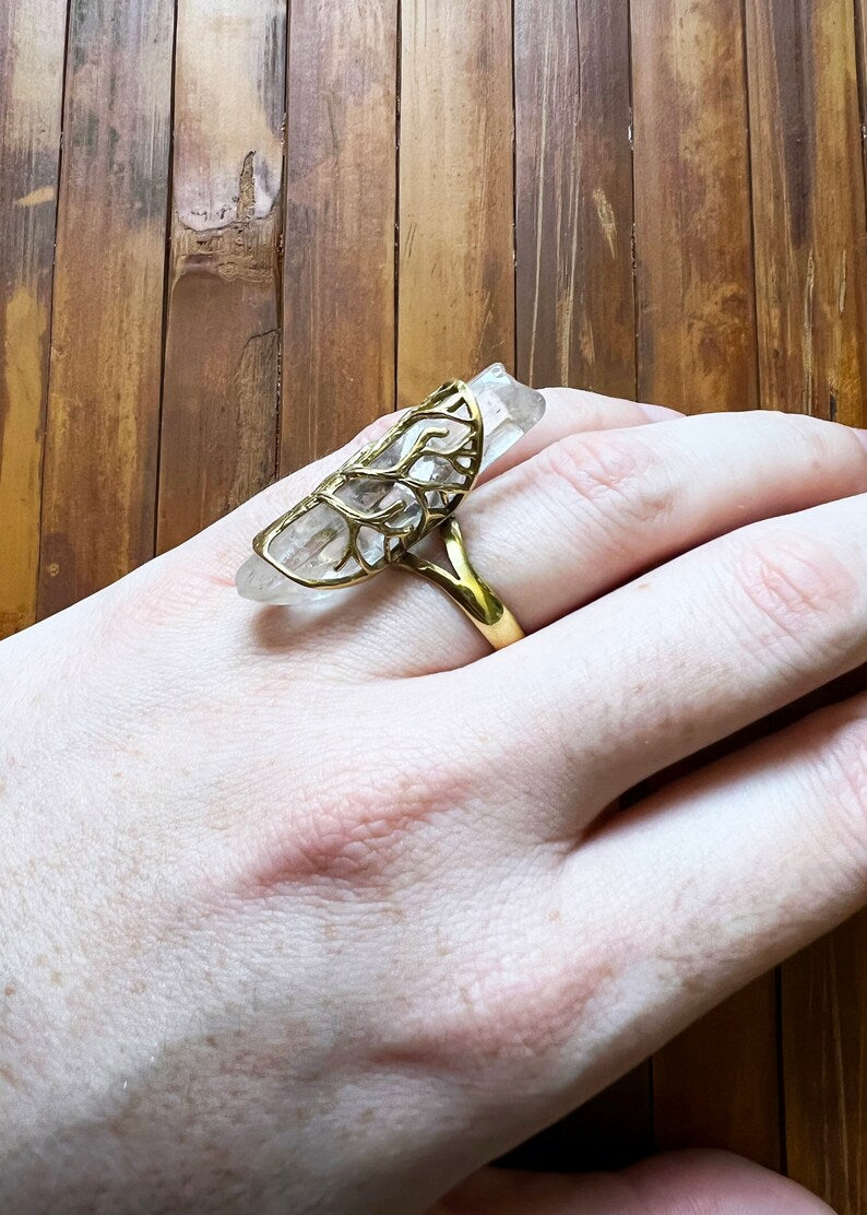Tree of Life Ring | Gemstone Quartz Druzy Jewelry | Brass Hobbit Gift | Fantasy Medieval Witchy Gothic Boho Cottagecore Fairycore Elven