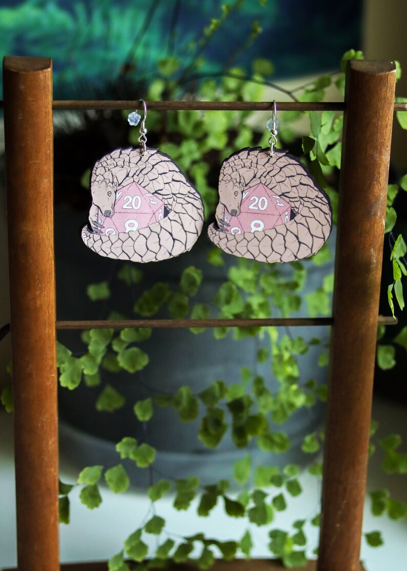 Pangolin Dice Earrings | Nerdy Geeky Wildlife Animal Jewelry | Fantasy Tabletop Board Game Gift | Fairycore Goblincore Role Play Accessories