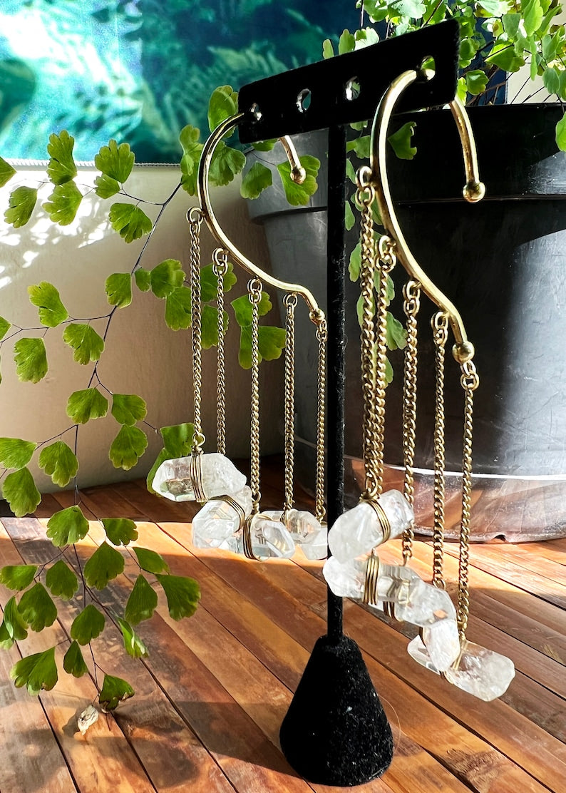 Quartz Ear Cuffs | Chandelier Dangle Behind Ear Wrap | No Piercing Gemstone Fairy Whimsical Fantasy Jewelry | Witch Steampunk Festivalwear