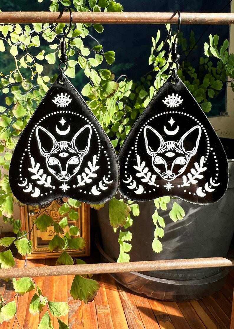 Black Acrylic Earrings | Trippy Third Eye Cat Jewelry | Witch Goth Psychedelic Fantasy Charm | Dark Academia Mystical Planchette Dangles