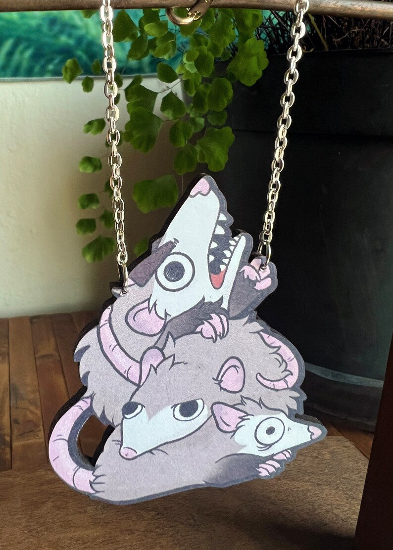 Opossum Pile Necklace | Quirky Silly Possum Art Pendant | Unique Whimsical Animal Lover Gift | Woodland Wildlife Goblincore Jewelry