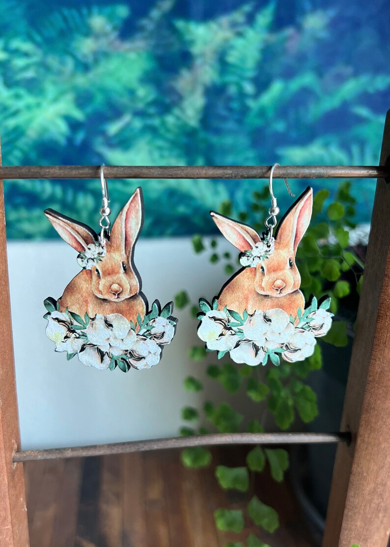 Bunny Earrings | Floral Easter Laser Cut Wood Jewelry | Rabbit Cottagecore Whimsical Fairycore Dangles | Kawaii Cute Spring Flowers