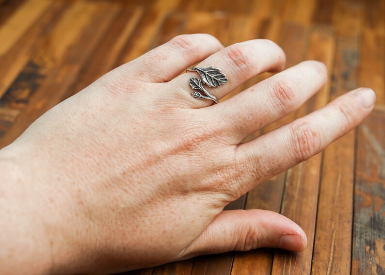 Adjustable Leaf Ring | Sterling Silver Branch Nature Jewelry | Elven Whimsical Fantasy Spiral Band | Fairy Statement Bridesmaids Oak Twig