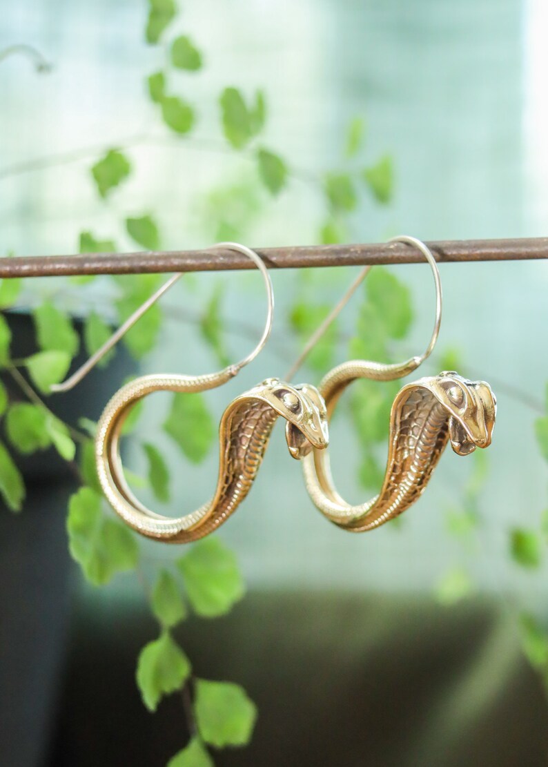 Brass Cobra Snake Earrings | Witchy Gothic Steampunk Medieval Jewelry | Fantasy Serpent Python Dragon Mystical Reptile Dangles Hoops