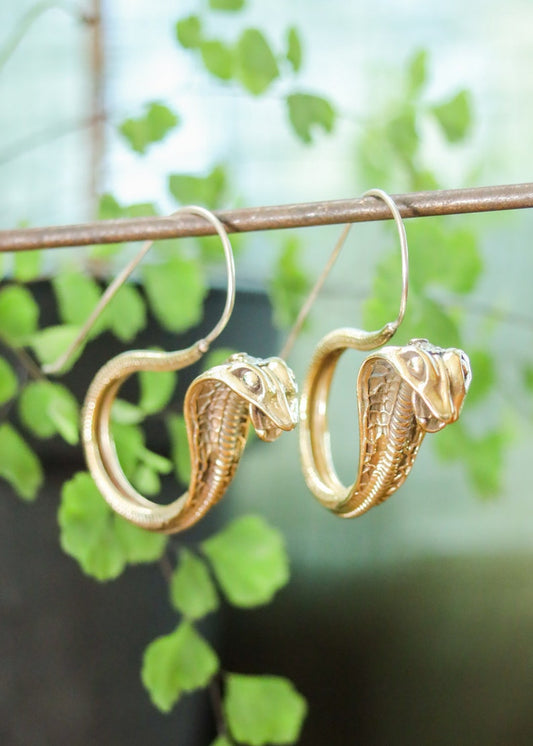Brass Cobra Snake Earrings | Witchy Gothic Steampunk Medieval Jewelry | Fantasy Serpent Python Dragon Mystical Reptile Dangles Hoops
