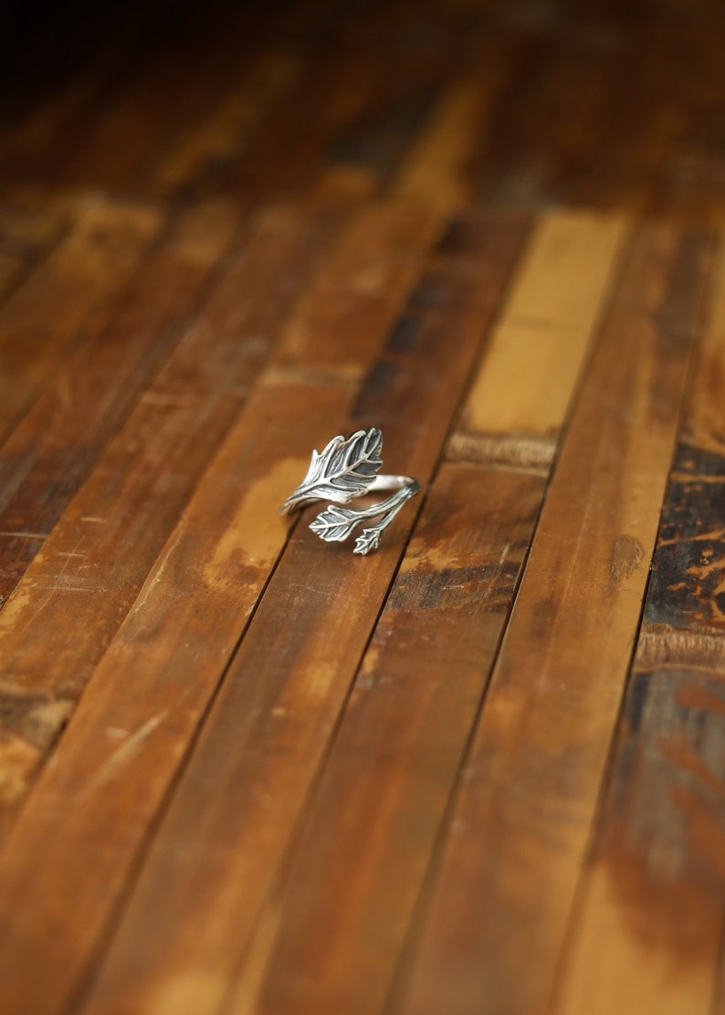 Adjustable Leaf Ring | Sterling Silver Branch Nature Jewelry | Elven Whimsical Fantasy Spiral Band | Fairy Statement Bridesmaids Oak Twig