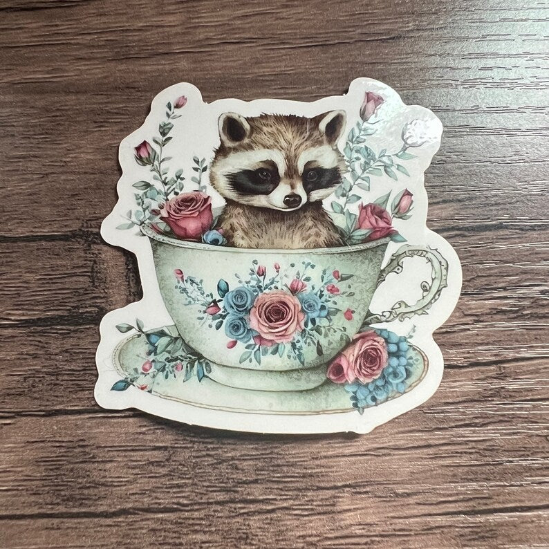 Teacup Critters Sticker | Whimsical Fantasy Laptop Decal | Goblincore Cottagecore Art Journal Scrapbooking | Mouse Frog Raccoon Hedgehog