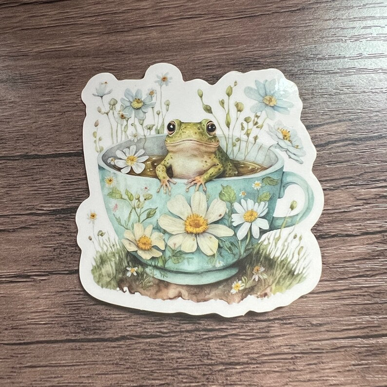 Teacup Critters Sticker | Whimsical Fantasy Laptop Decal | Goblincore Cottagecore Art Journal Scrapbooking | Mouse Frog Raccoon Hedgehog