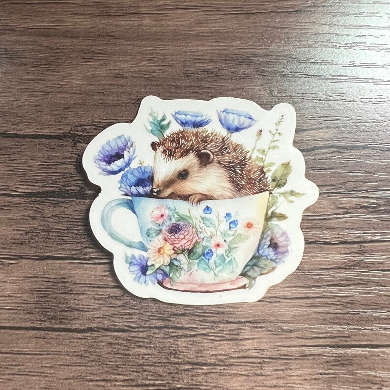 Teacup Critters Sticker | Whimsical Fantasy Laptop Decal | Goblincore Cottagecore Art Journal Scrapbooking | Mouse Frog Raccoon Hedgehog