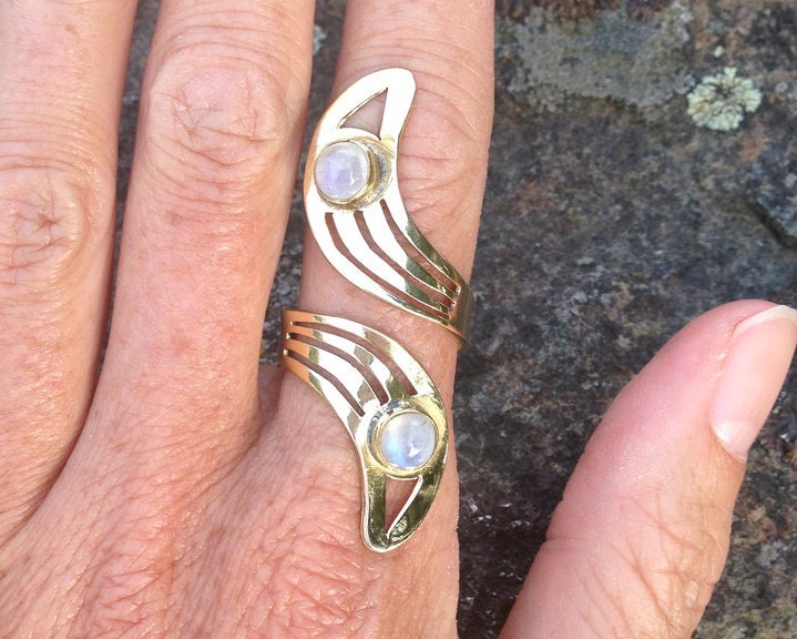 Brass Moon Ring | Adjustable Moonstone Gemstone Jewelry | Celestial Spiritual Crystal Healing | Gold Tone Crescent Witch Boho Lunar Goddess