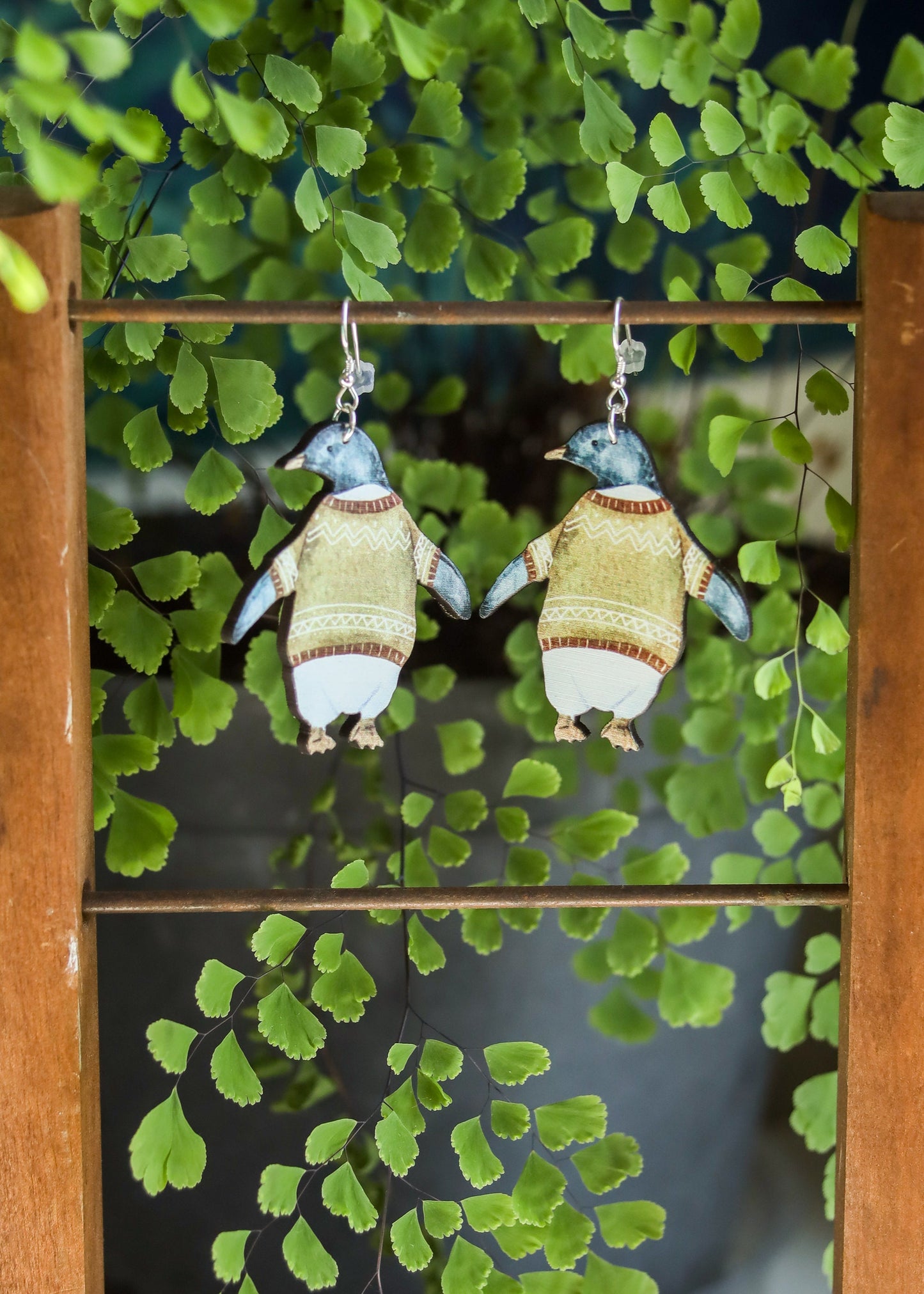 Penguin Earrings | Cozy Sweater Penguin Jewelry | Christmas Winter Holiday Animal Dangles | Cute Kawaii Quirky Laser Wood Cut