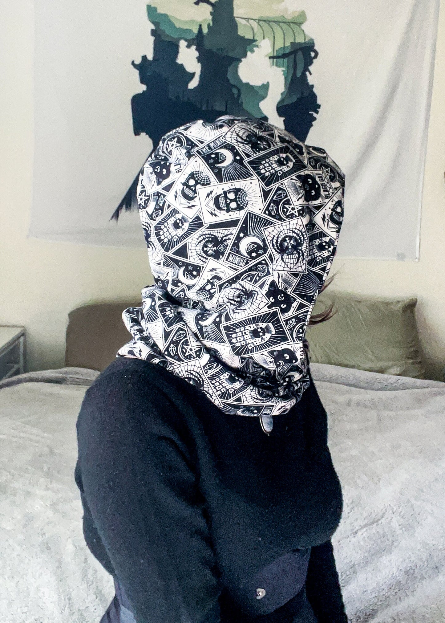 Tarot Card Infinity Scarf | Witchy Goth Hooded Neck Warmer | Celestial Fortune Teller Dark Fantasy Festival Head Wear | Cozy Flannel Scarves