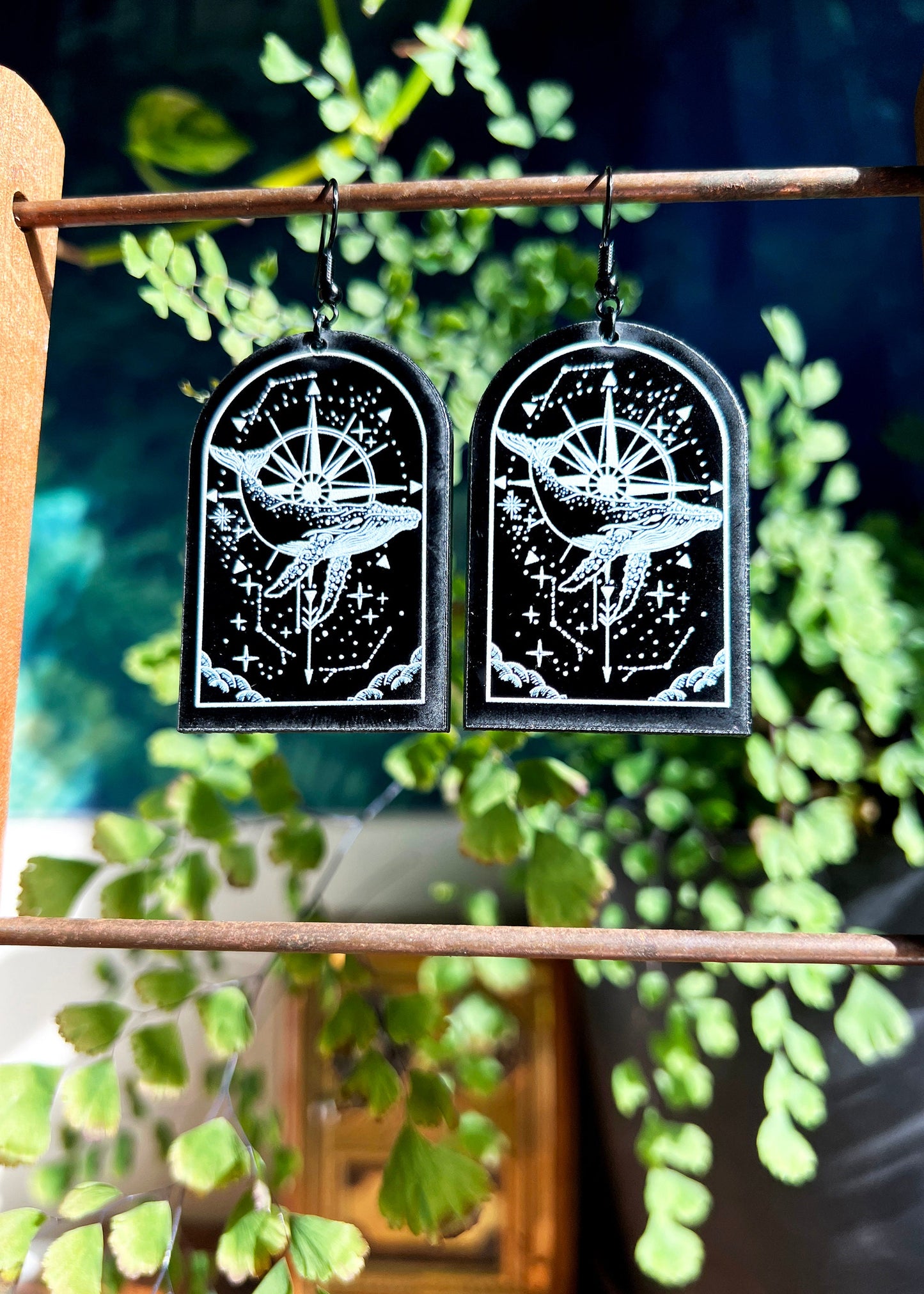 Black Acrylic Earrings | Flying Whale Nautical Jewelry | Witch Goth Compass Fantasy Charm | Dark Academia Ocean Grunge Mystical Arch Dangles