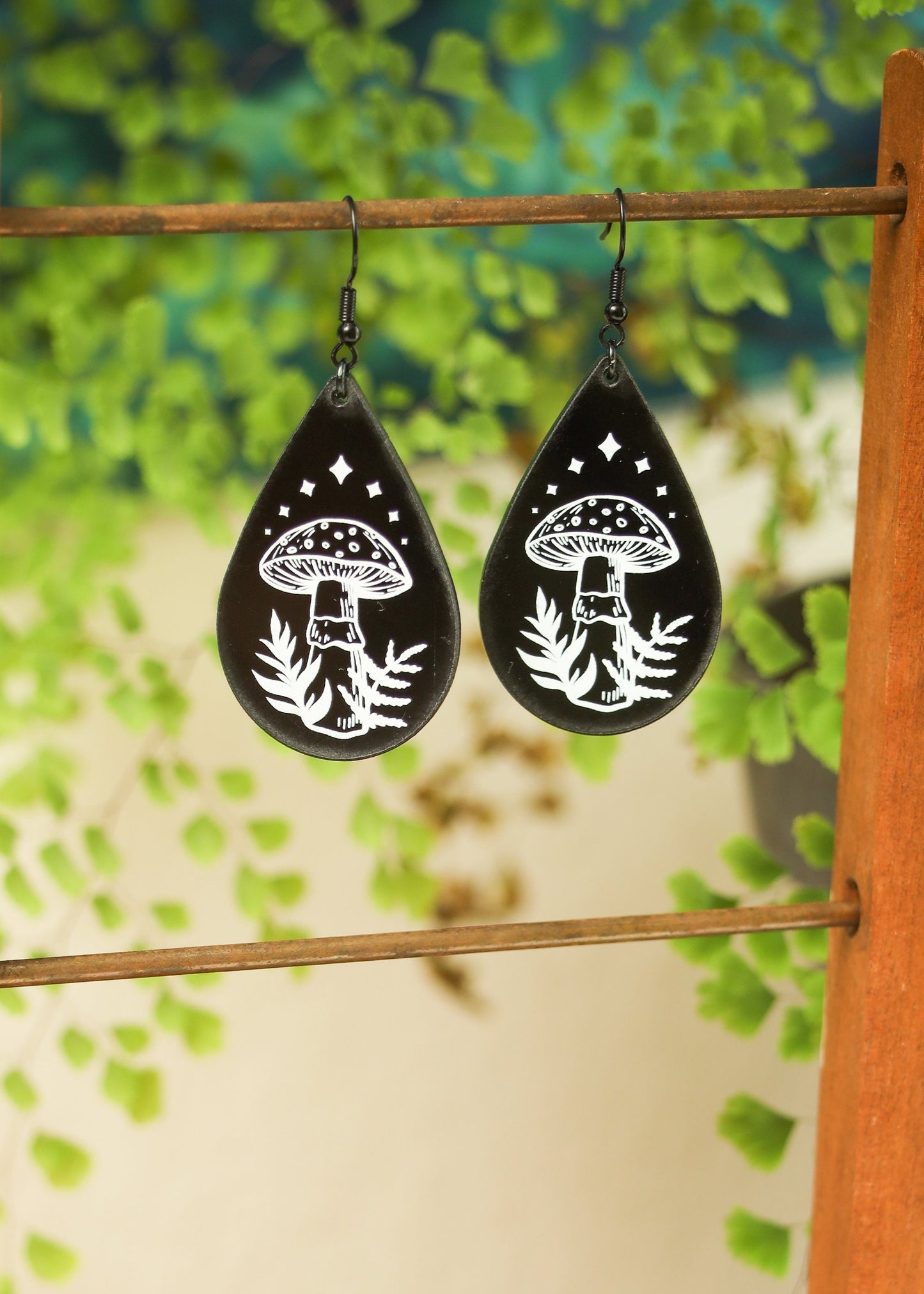 Black Acrylic Earrings | Mushroom Teardrop Jewelry | Witch Goth Whimsy Fantasy Charm | Mushroomcore Dark Academia Mycology Amanita Dangles