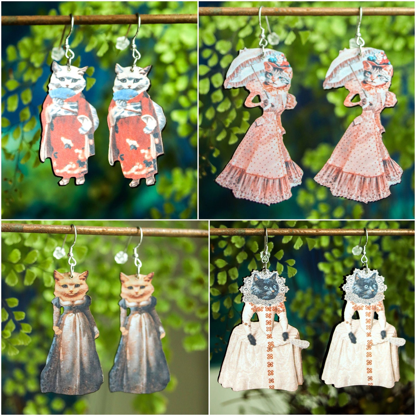 Victorian Cat Earrings | Retro Vintage Collage Jewelry | Kitten Lover Gift | Geisha Edwardian Renaissance Kitty | Cottagecore Fairycore Boho