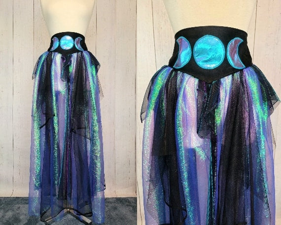 Iridescent Fairy Skirt | Moon Phase Gothic Wrap Tutu | Witch Renaissance Psytrance Playawear | Darkwear Cyberpunk Steampunk Mesh Tulle Suede