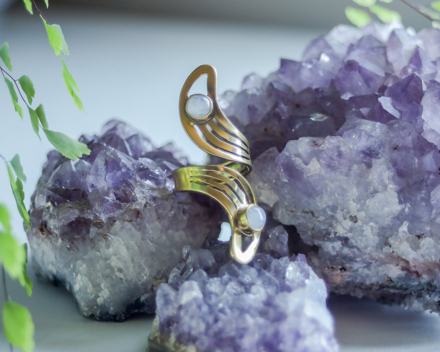 Brass Moon Ring | Adjustable Moonstone Gemstone Jewelry | Celestial Spiritual Crystal Healing | Gold Tone Crescent Witch Boho Lunar Goddess