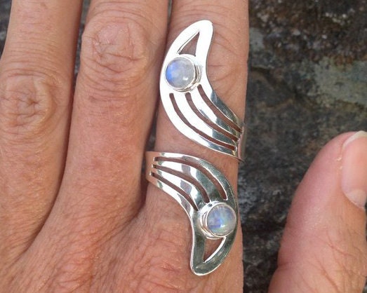 Adjustable Moonstone Ring | Sterling Silver Celestial Gemstone Jewelry | Witch Boho Crescent Lunar Goddess | Mystical Crystal Spiritual