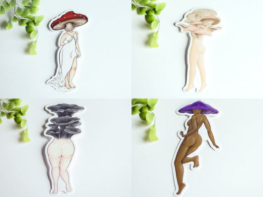 Mushroom Lady Stickers | Cottagecore Fairycore Nature | Botanical Mushroomcore Vinyl Die Cut Gift Set | Cute Boho Kawaii Fungi Body Positive