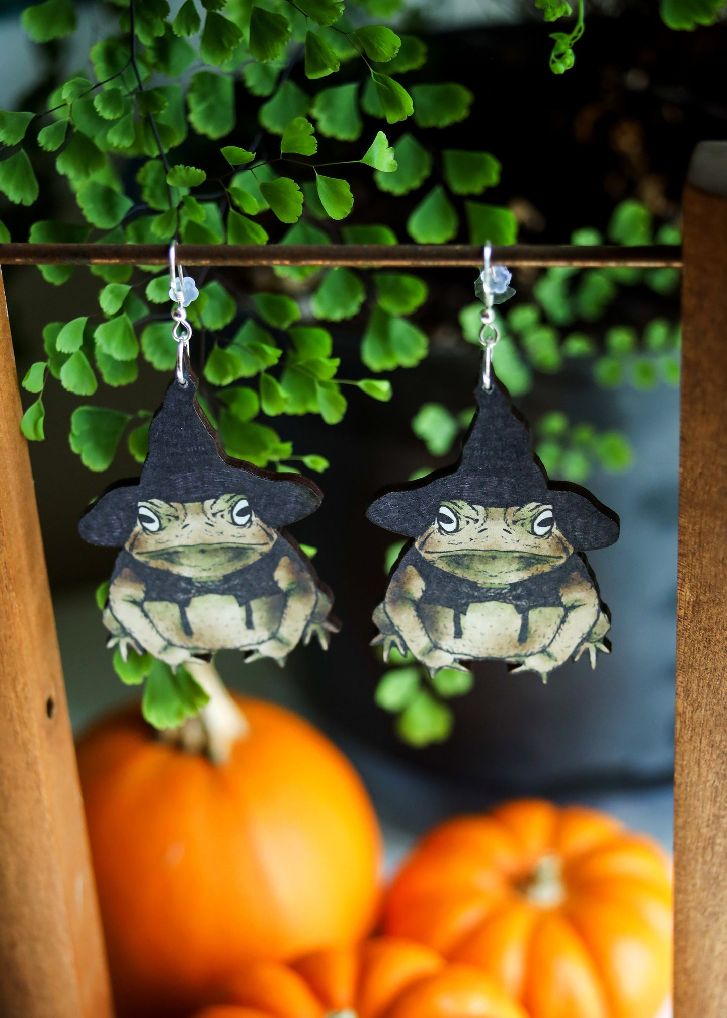 Witch Toad Earrings | Halloween Wizard Frog Dangles | Magical Woodland Goblincore Cottagecore Fairycore | Wood Sterling Silver Ear Wire