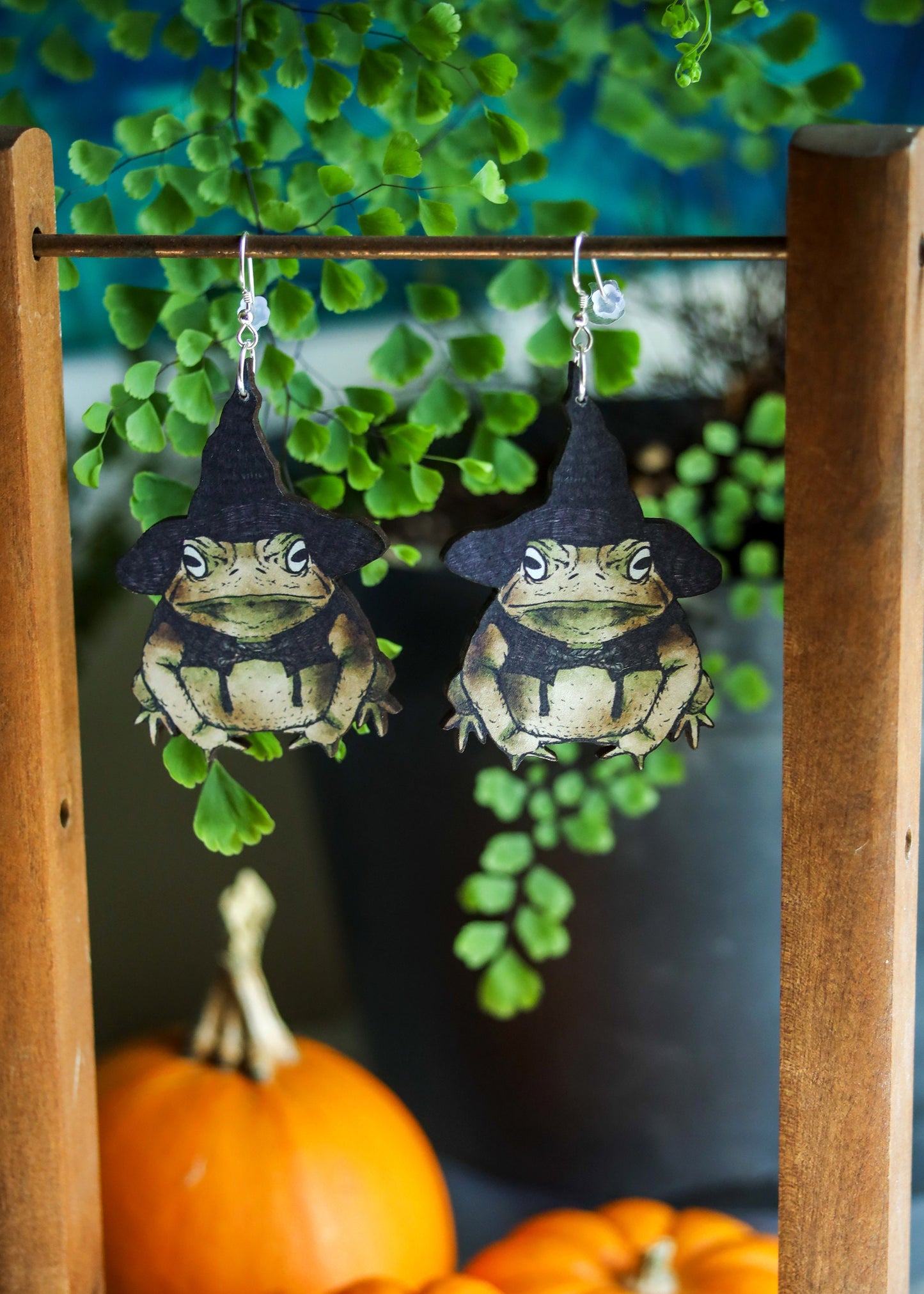 Witch Toad Earrings | Halloween Wizard Frog Dangles | Magical Woodland Goblincore Cottagecore Fairycore | Wood Sterling Silver Ear Wire