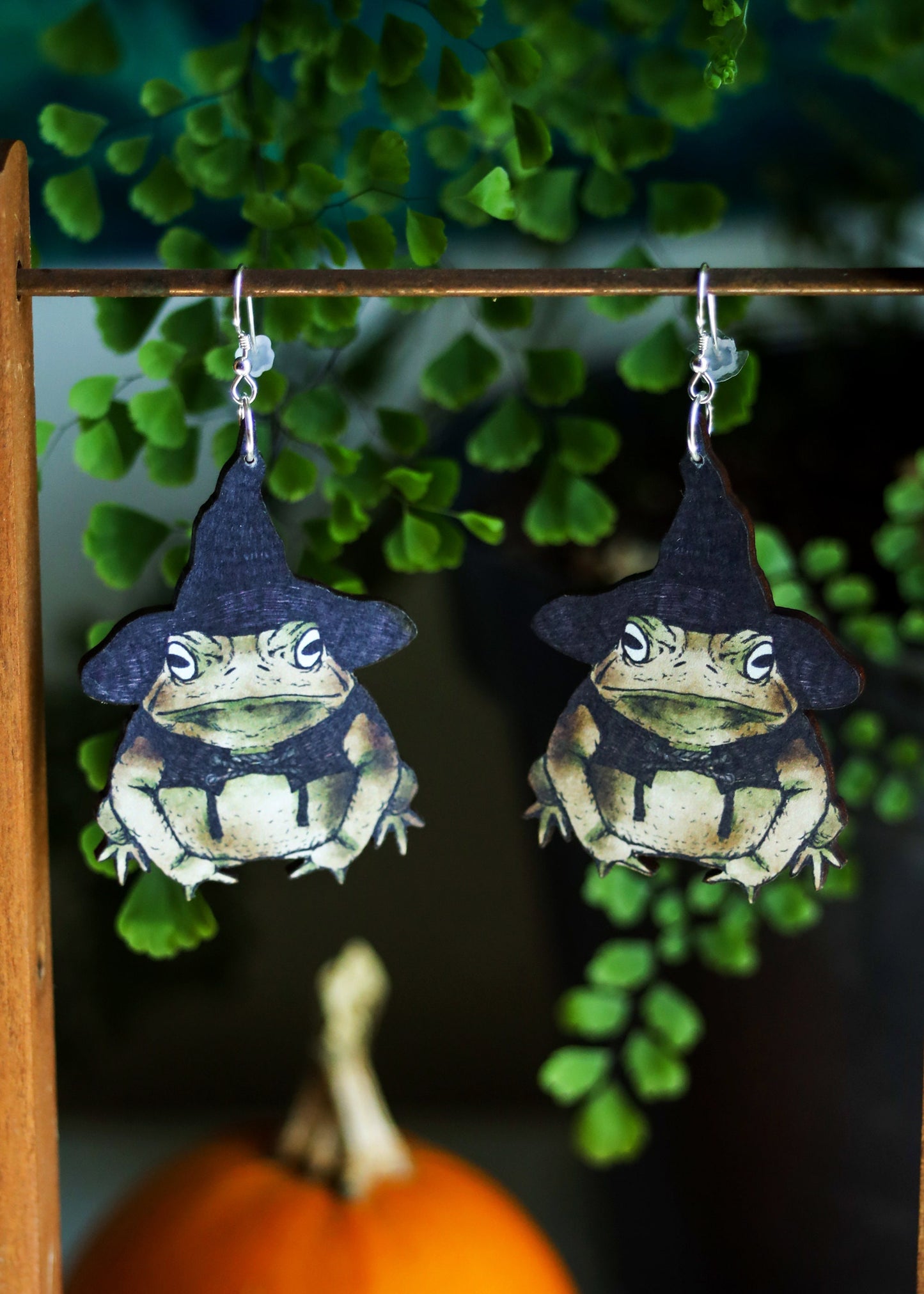 Witch Toad Earrings | Halloween Wizard Frog Dangles | Magical Woodland Goblincore Cottagecore Fairycore | Wood Sterling Silver Ear Wire