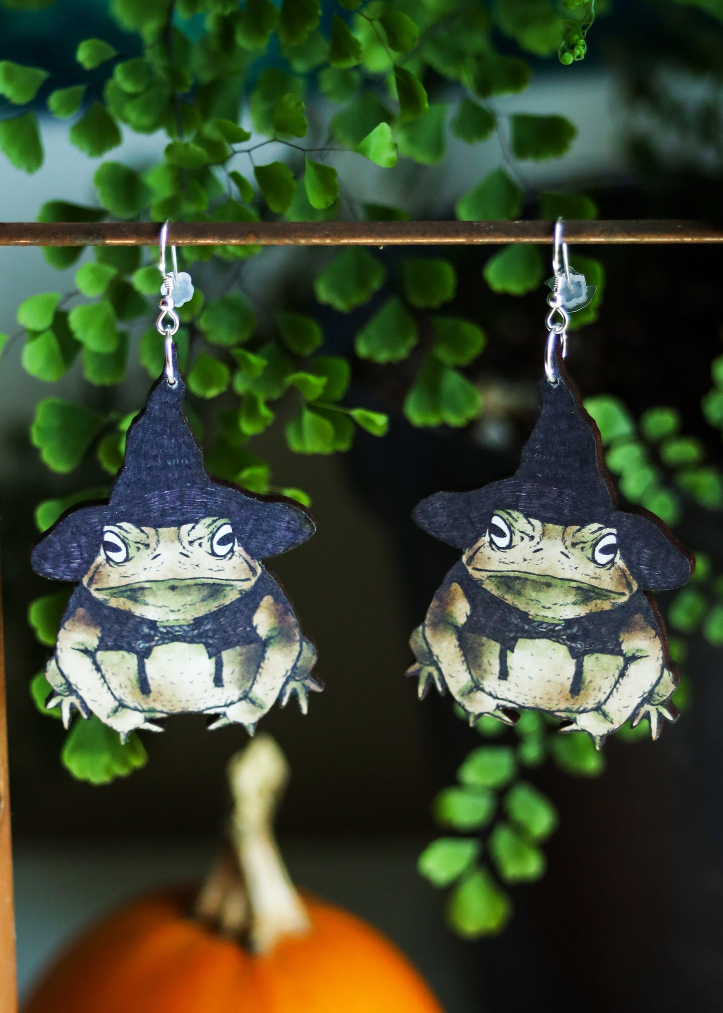 Witch Toad Earrings | Halloween Wizard Frog Dangles | Magical Woodland Goblincore Cottagecore Fairycore | Wood Sterling Silver Ear Wire