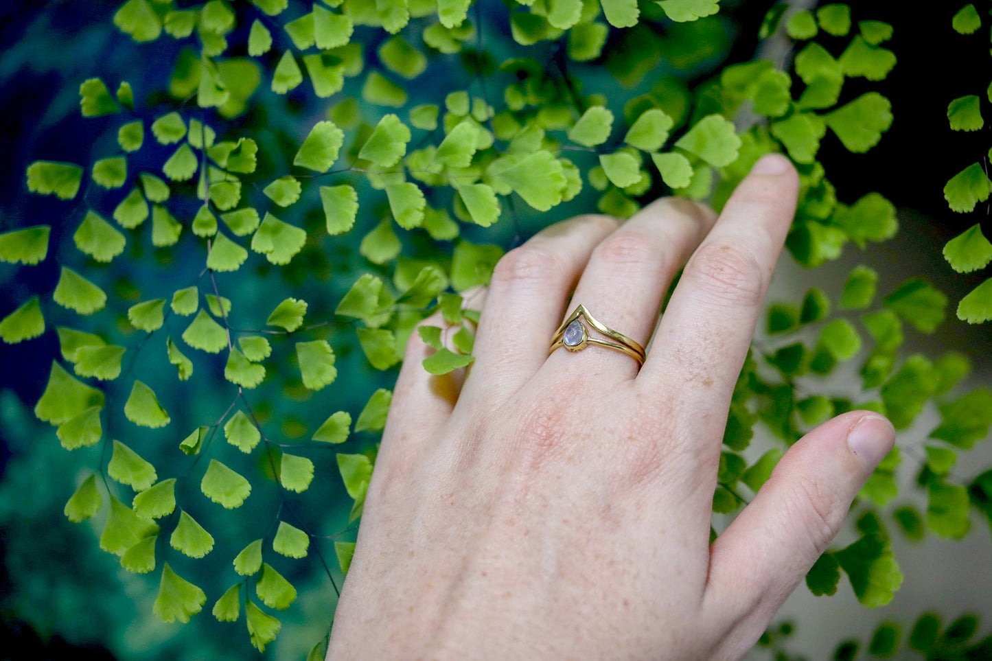 Double Band Elven Gemstone Ring | Fairycore Whimsical Jewelry | Rainbow Moonstone Chalcedony Teardrop Healing Crystal | Boho Minimalist