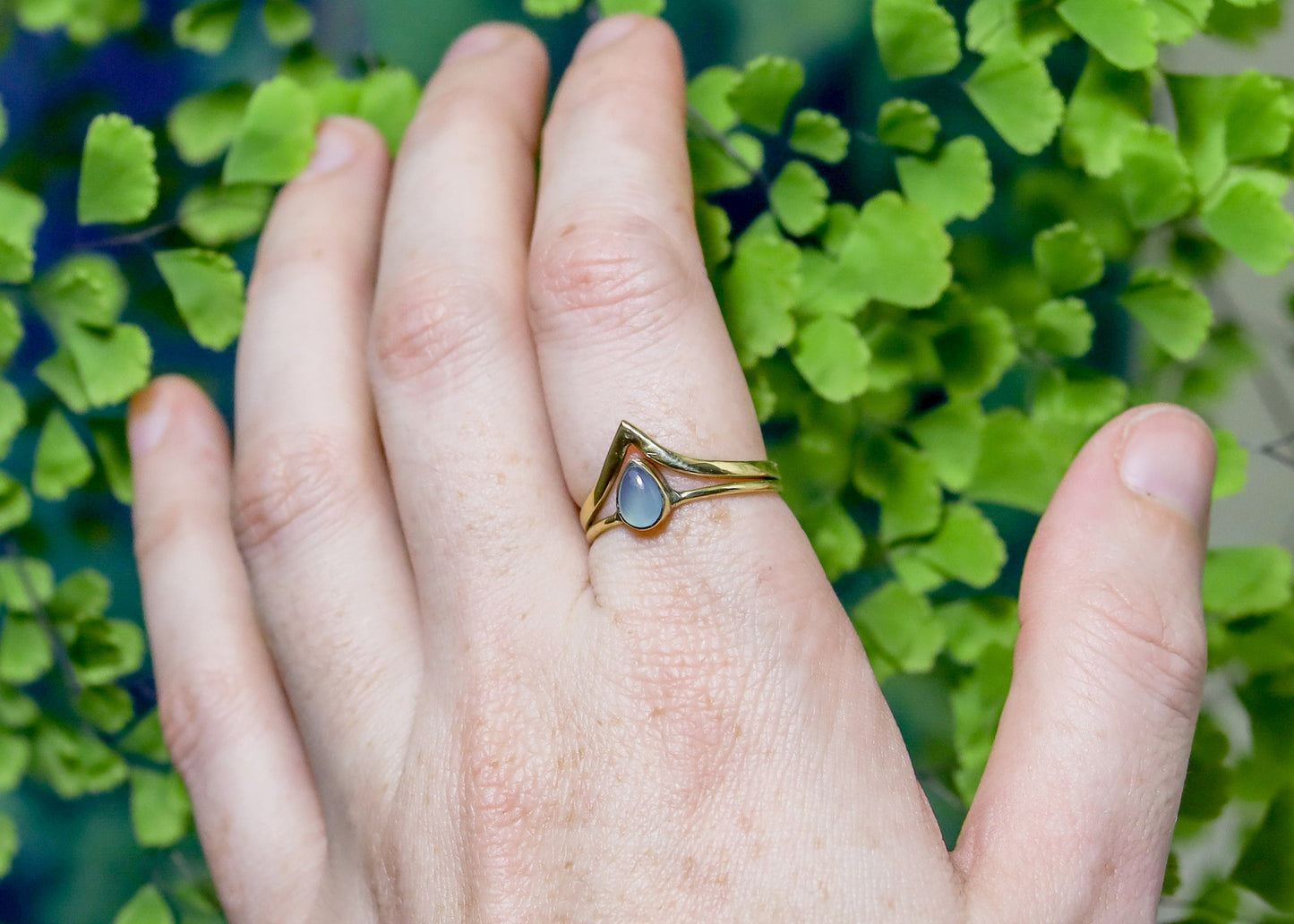 Double Band Elven Gemstone Ring | Fairycore Whimsical Jewelry | Rainbow Moonstone Chalcedony Teardrop Healing Crystal | Boho Minimalist