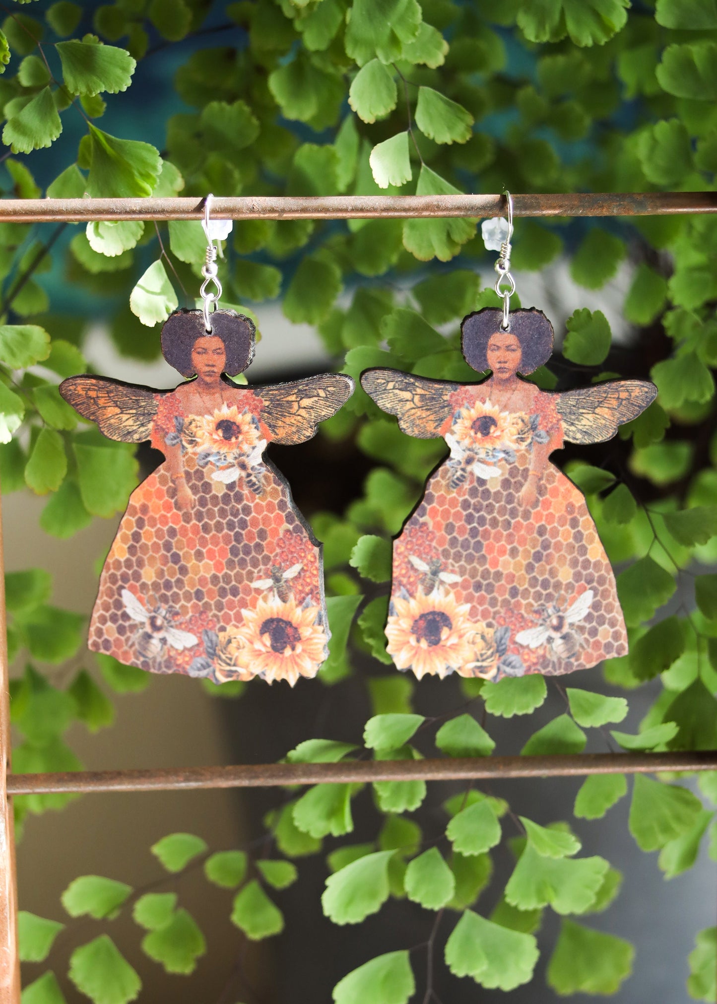 Queen Bee Earrings | Laser Wood Cut Jewelry | Honeycomb Sunflower Goddess Dangles | Winged Angel Honeybee Boho Witchy Mystical Fantasy