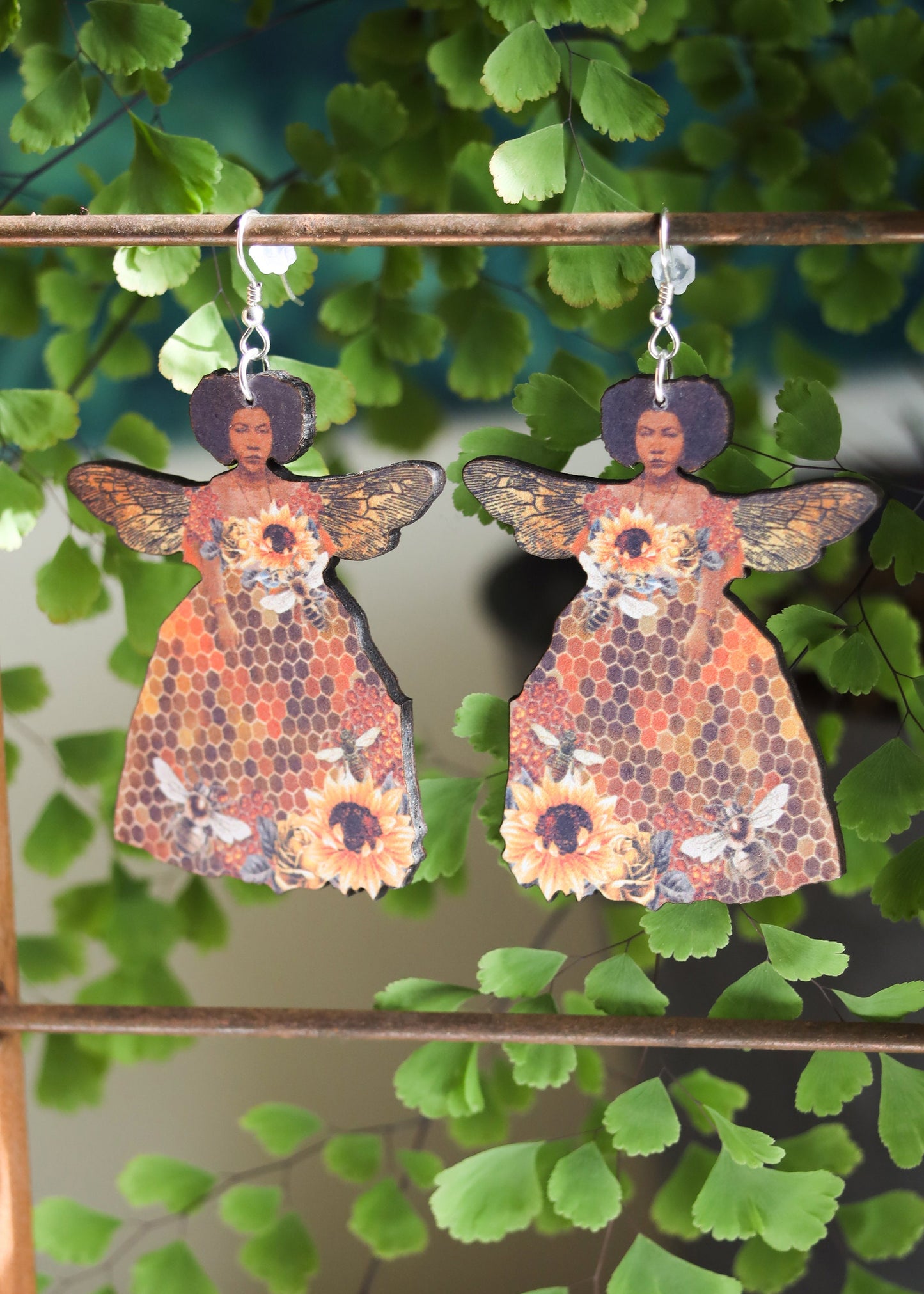 Queen Bee Earrings | Laser Wood Cut Jewelry | Honeycomb Sunflower Goddess Dangles | Winged Angel Honeybee Boho Witchy Mystical Fantasy