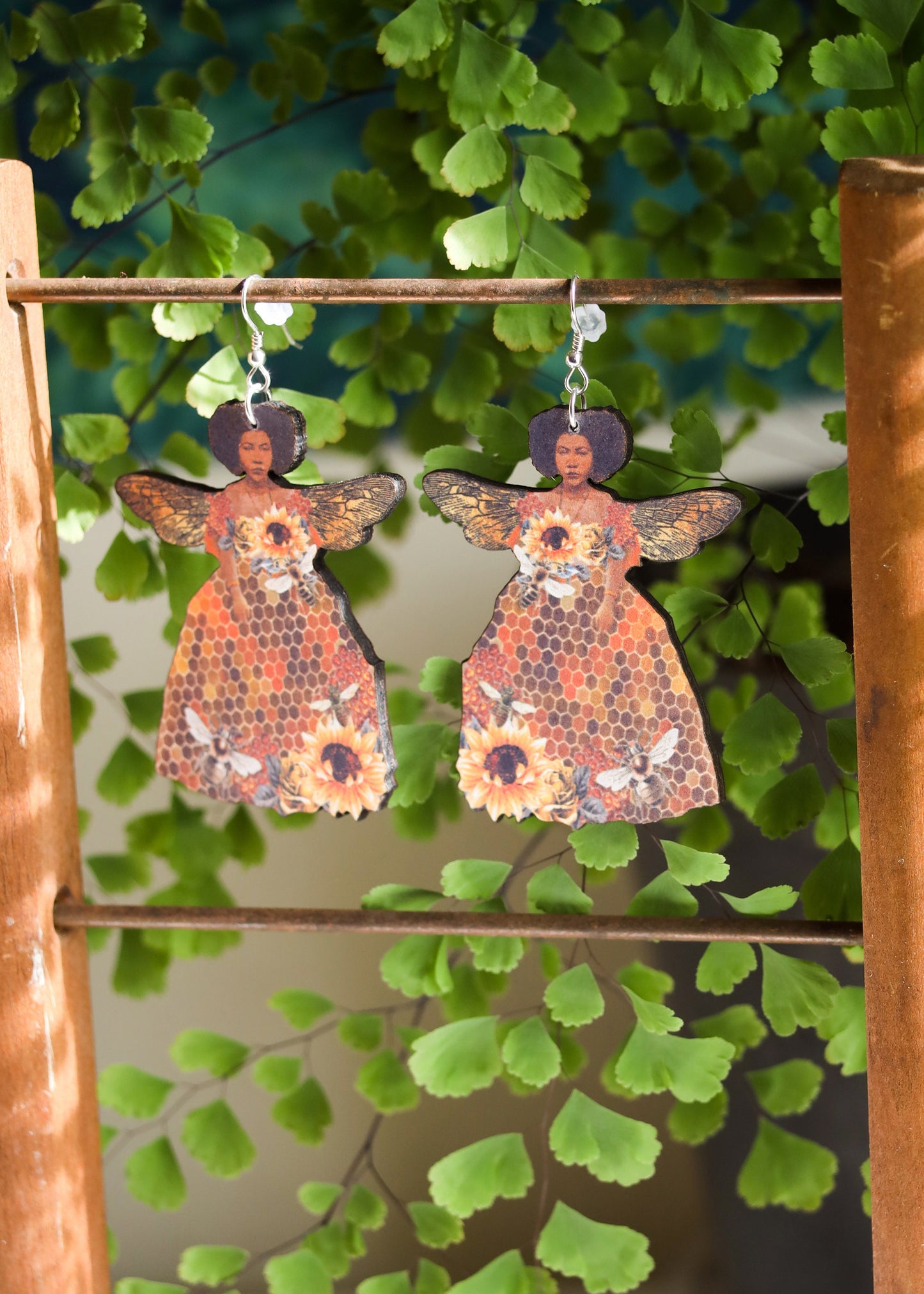 Queen Bee Earrings | Laser Wood Cut Jewelry | Honeycomb Sunflower Goddess Dangles | Winged Angel Honeybee Boho Witchy Mystical Fantasy