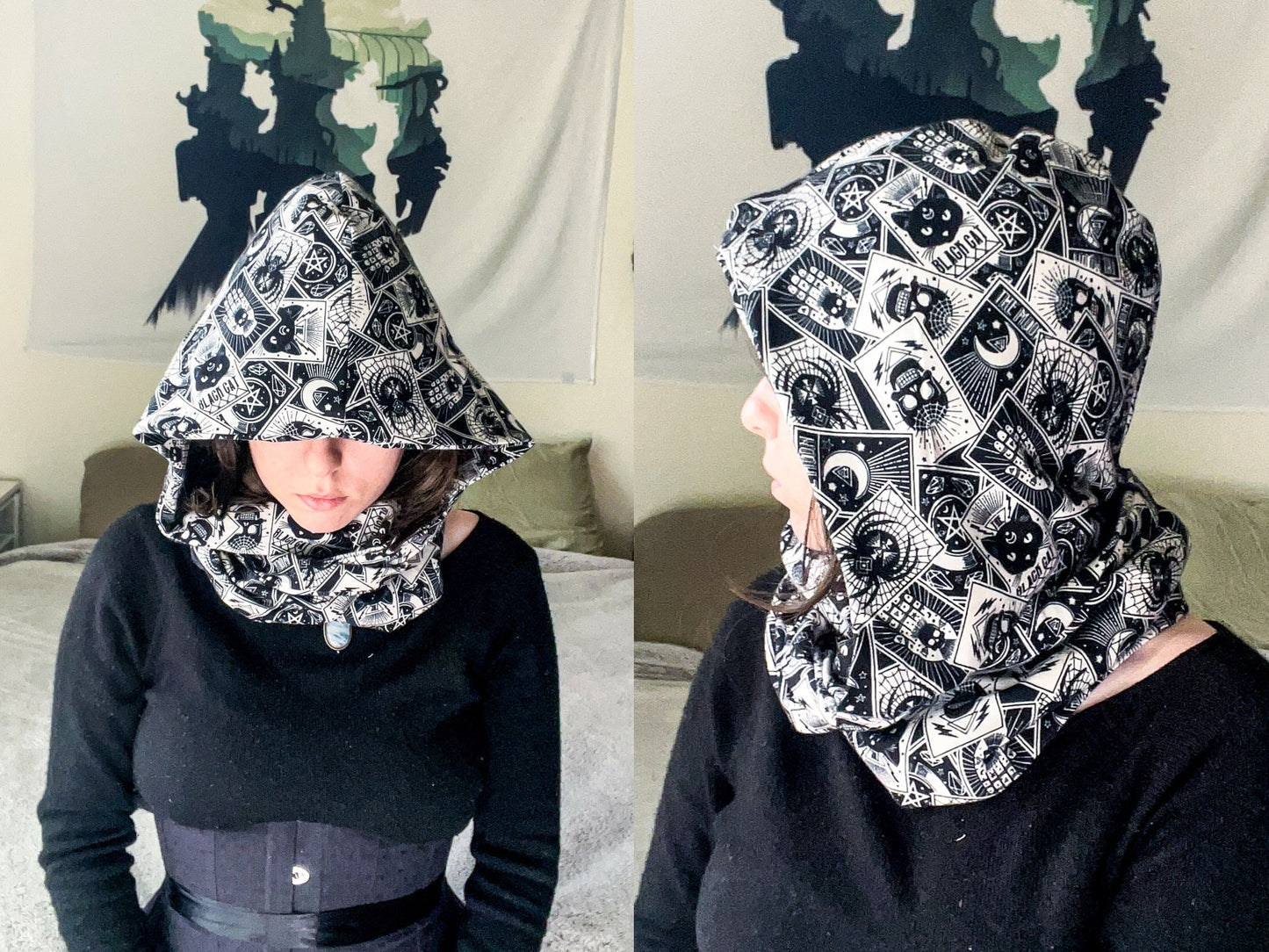 Tarot Card Infinity Scarf | Witchy Goth Hooded Neck Warmer | Celestial Fortune Teller Dark Fantasy Festival Head Wear | Cozy Flannel Scarves
