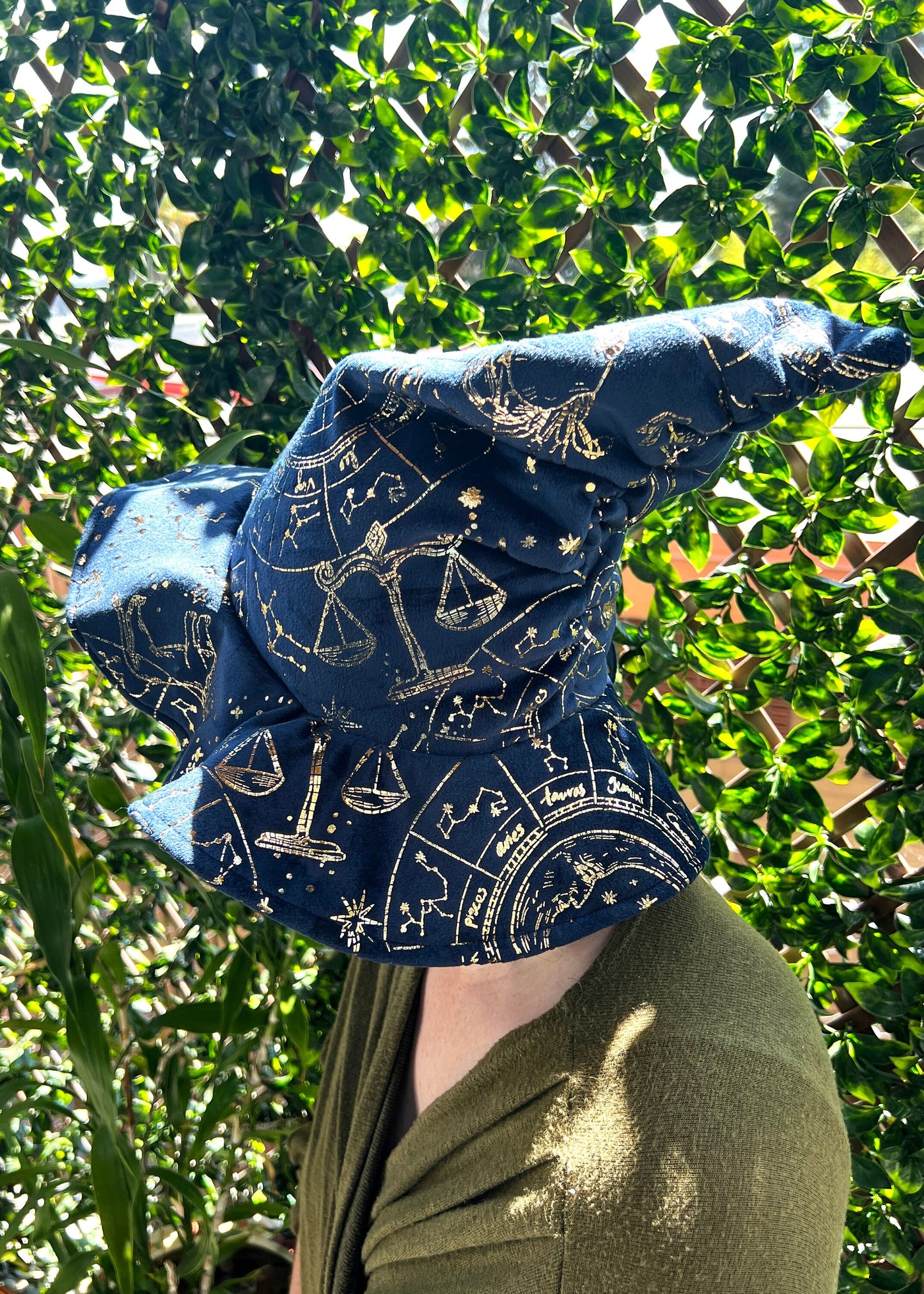 Slouchy Witch Hat | Astrology Halloween Wizard Costume | Fairy Pixie Cottagecore Woodland Elven Cosplay | Gold Navy Plush Head Accessories