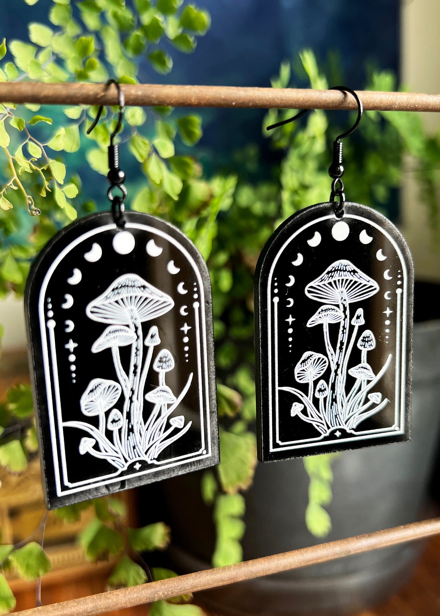 Black Acrylic Earrings | Lunar Mushroom Celestial Jewelry | Witch Goth Moon Fantasy Charm | Mushroomcore Dark Academia Arch Mycology Plant