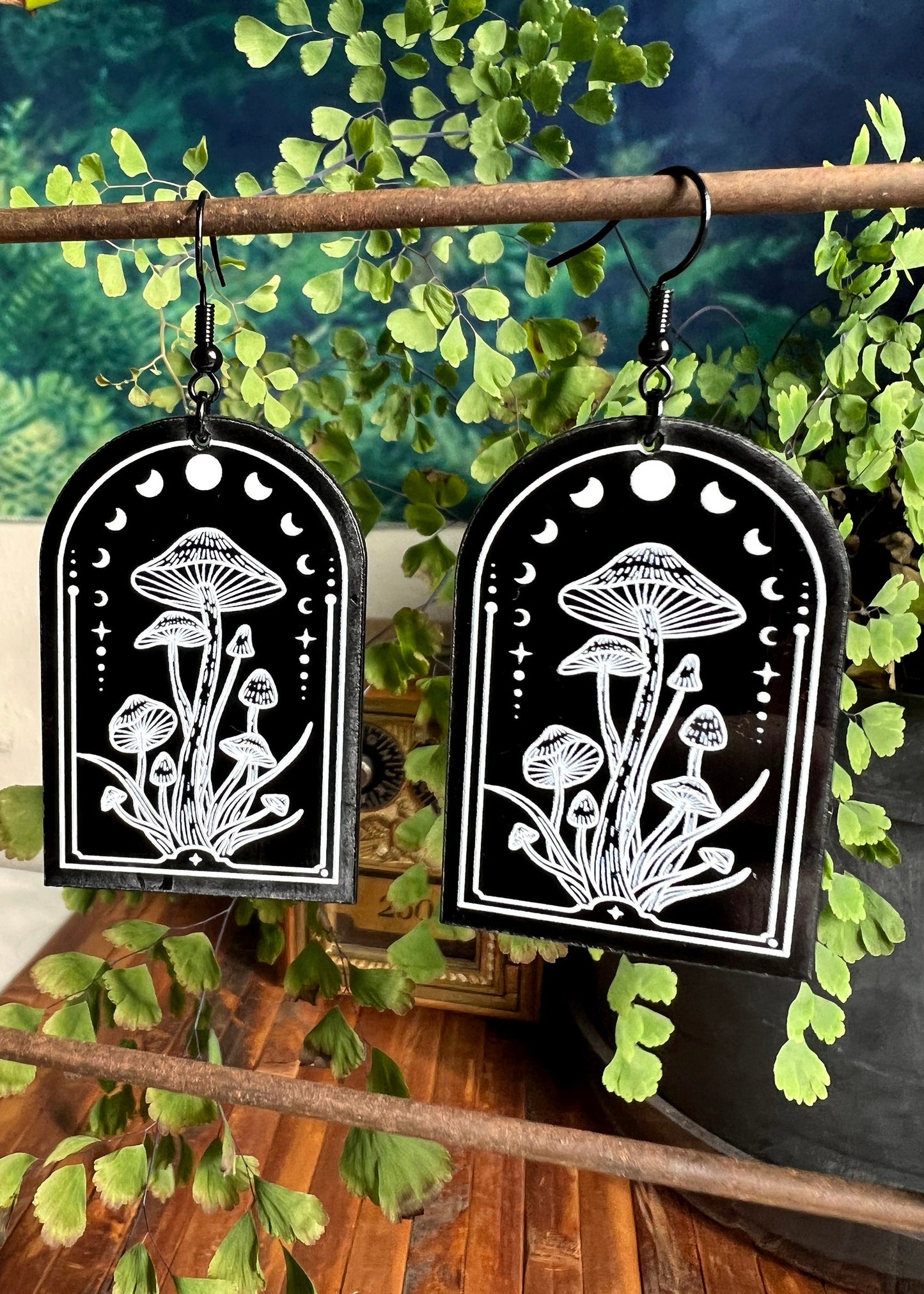 Black Acrylic Earrings | Lunar Mushroom Celestial Jewelry | Witch Goth Moon Fantasy Charm | Mushroomcore Dark Academia Arch Mycology Plant